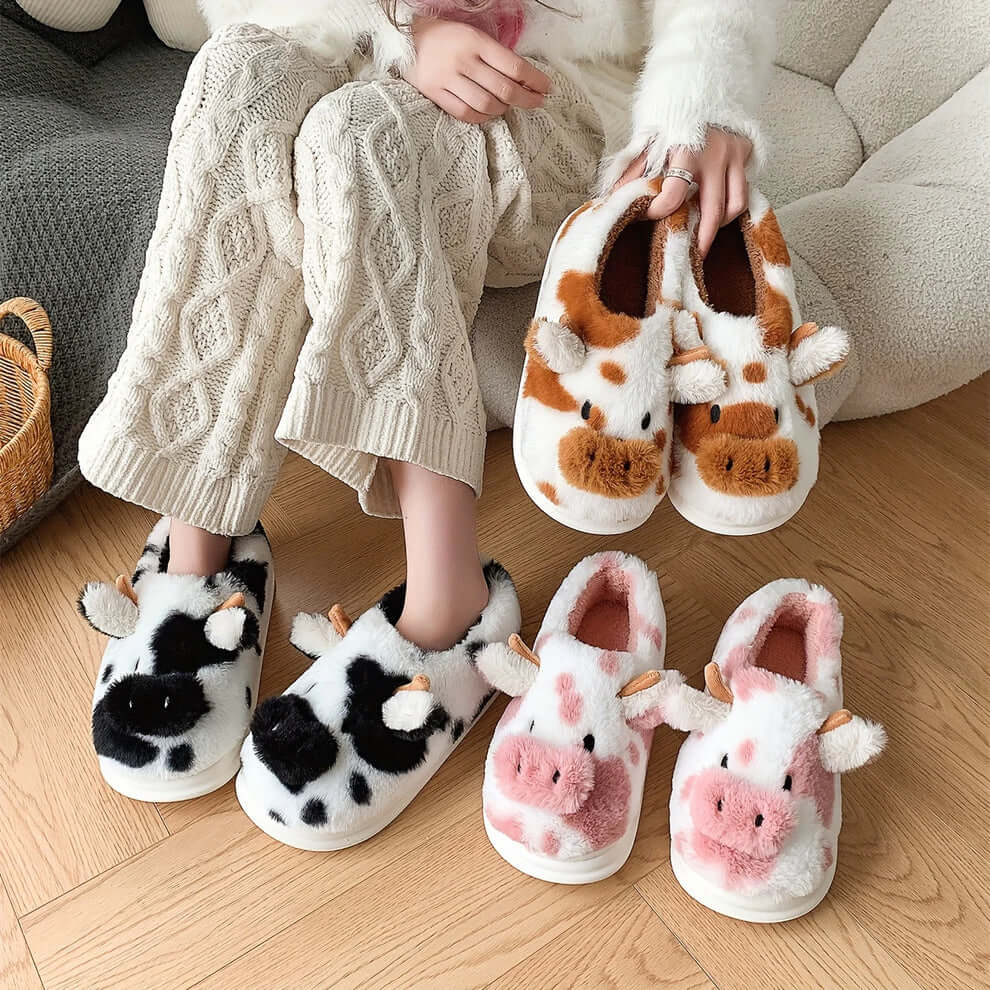 moozies fuzzy cute cow slippers for women and men soft plush