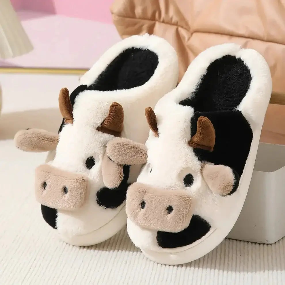 moozies fuzzy cute cow slippers for women and men soft plush